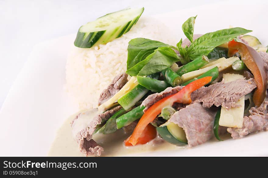 Beef Green Curry With Rice, Thai Food.