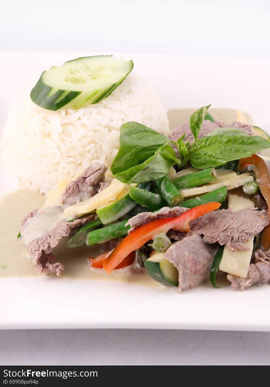 Beef Green Curry With Rice, Thai Food.