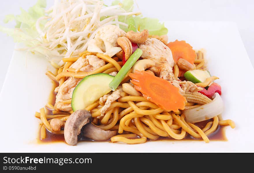 Hokkien noodles stir fried with chilli jam and cashew nuts, Thai