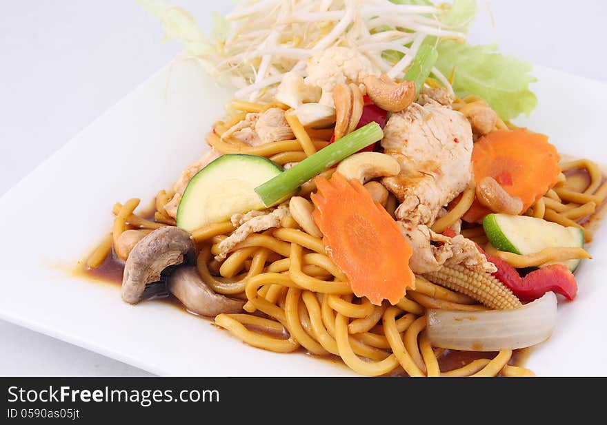 Hokkien noodles stir fried with chilli jam and cashew nuts, Thai