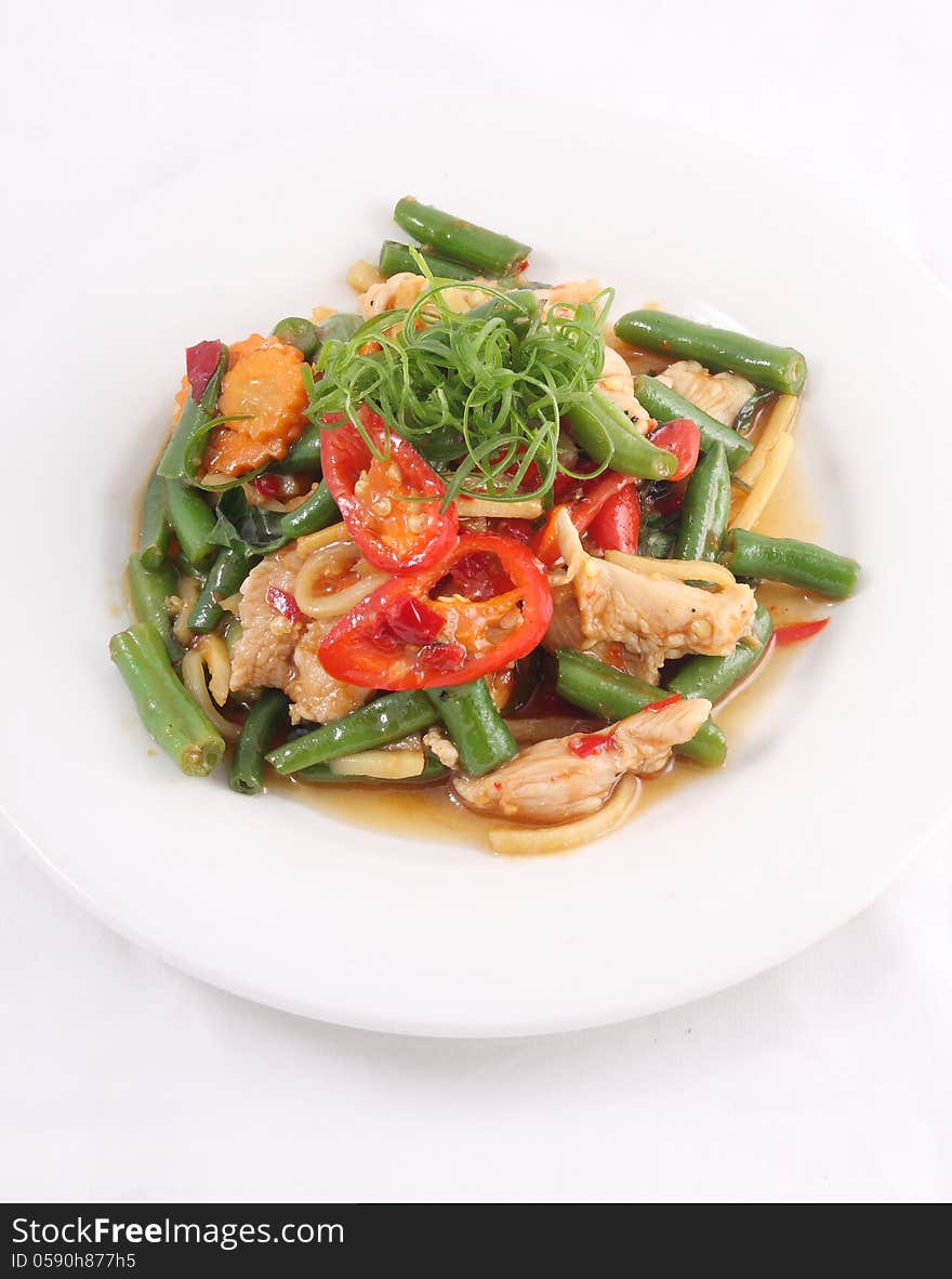 Thai food stir fried with chicken and chilli basil.