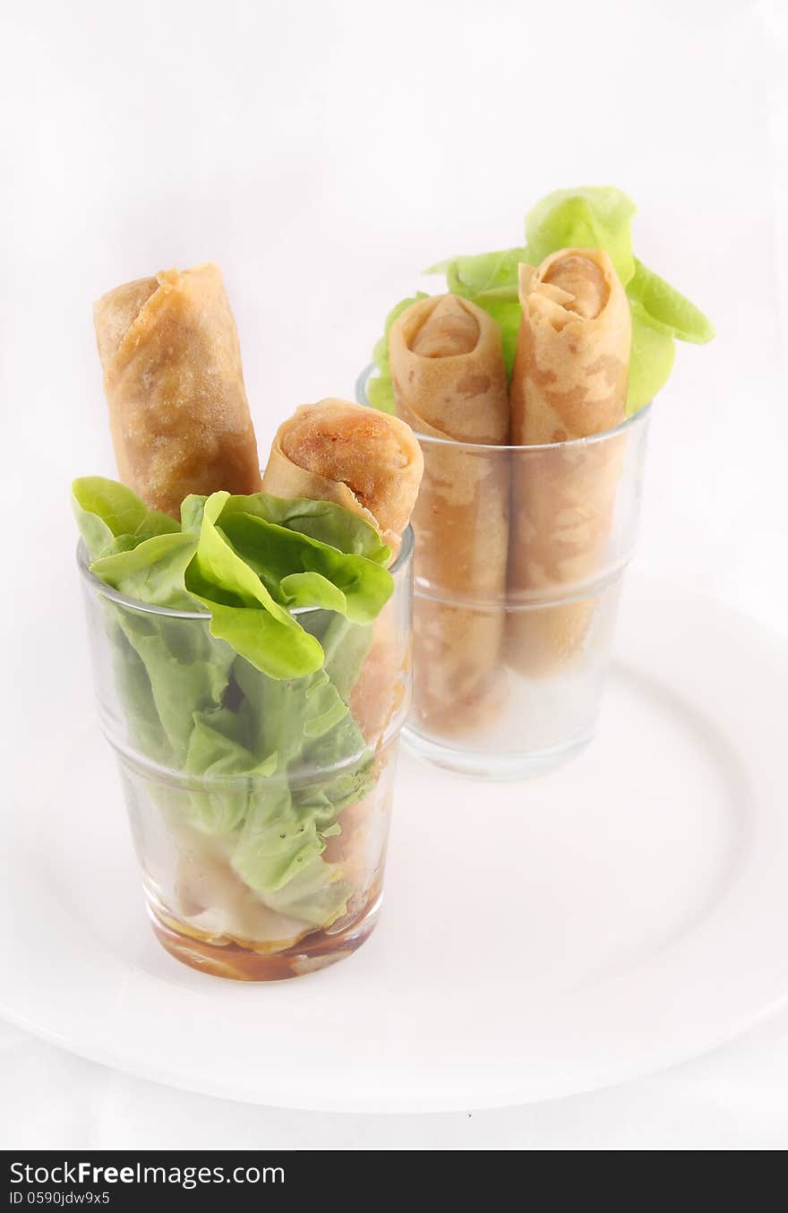 Spring Roll With Green Leaves.  Thai Appeitizer