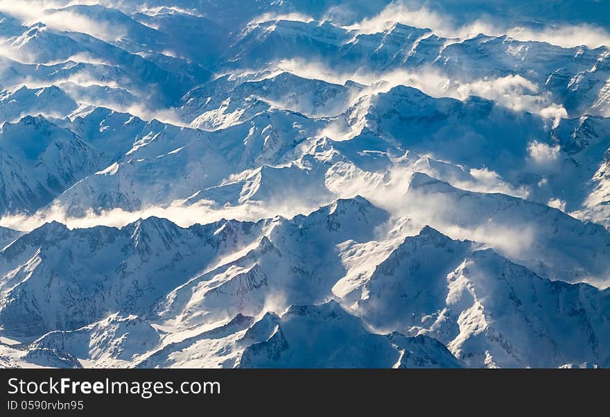 View of snow-covered Pyrenees mountains