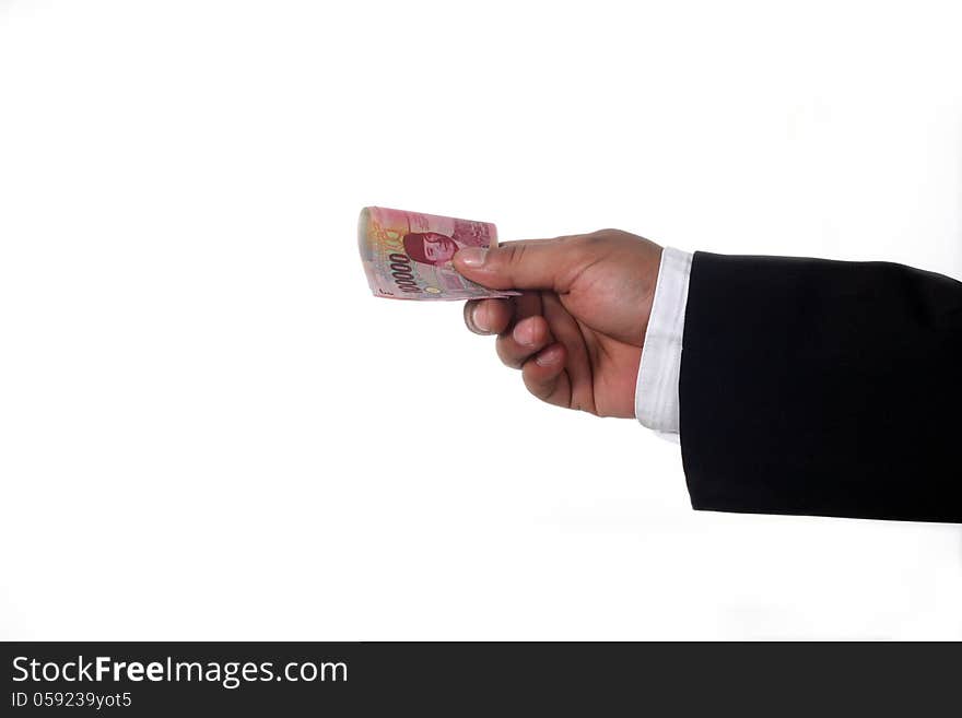 Hands giving money isolated on white background