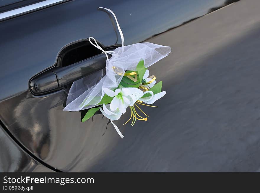 Wedding car decoration. Wedding cortege, delivers the groom and the bride to the wedding site