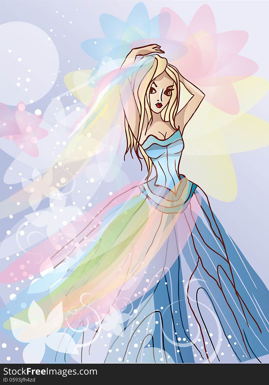 Dancing bride in beautiful dress vector illustrati