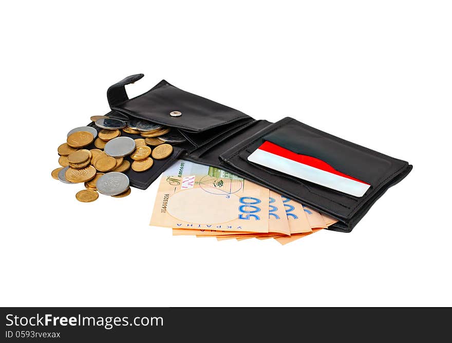 Black purse stuffed with paper money, coins and credit card on white background. Black purse stuffed with paper money, coins and credit card on white background