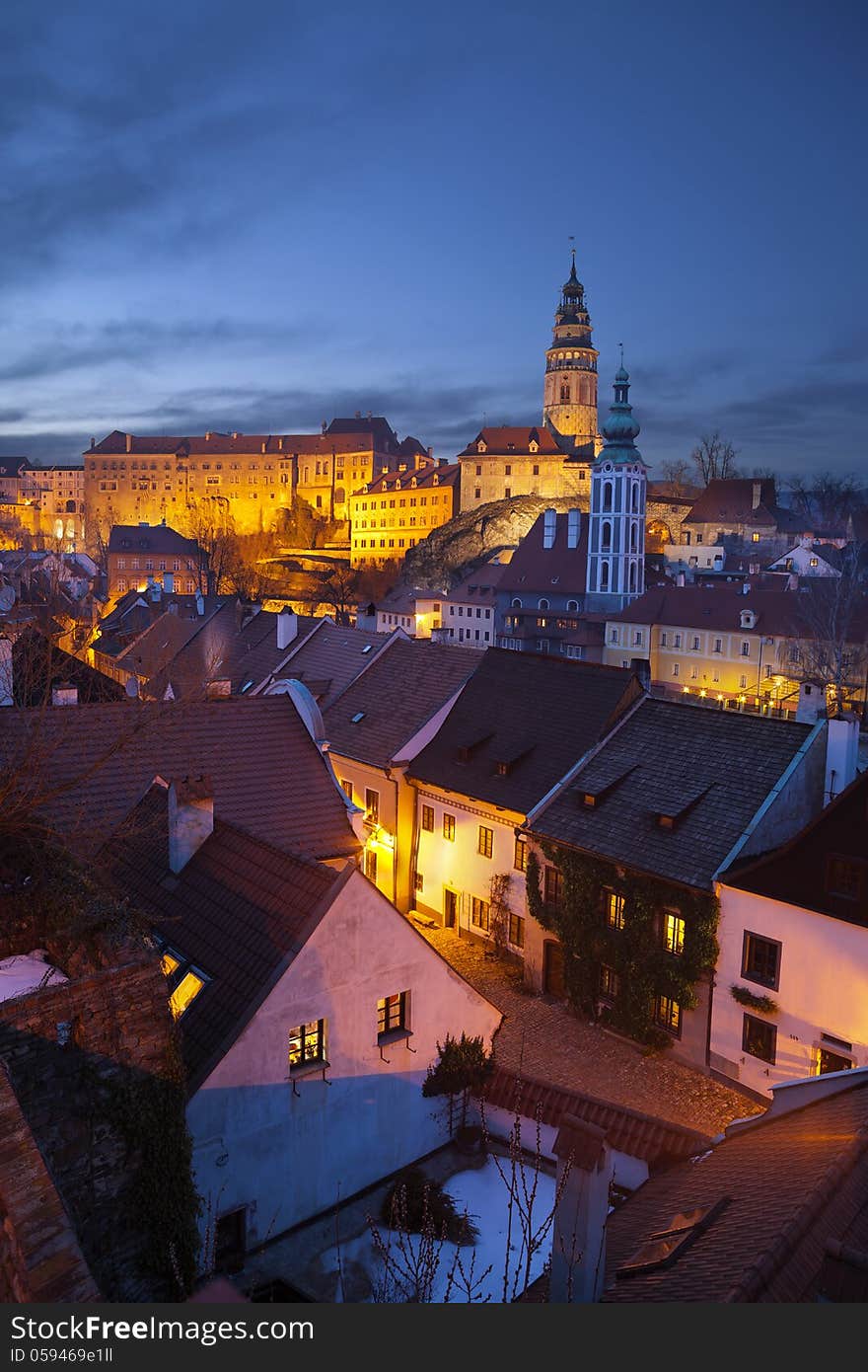 Image of Cesky Krumov and Krumlov Castle at twilight. Image of Cesky Krumov and Krumlov Castle at twilight.