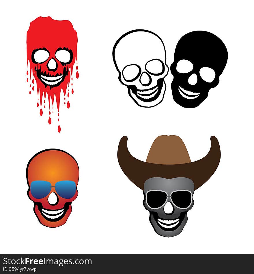 Illustration of skulls with hat, glasses and blood spilling