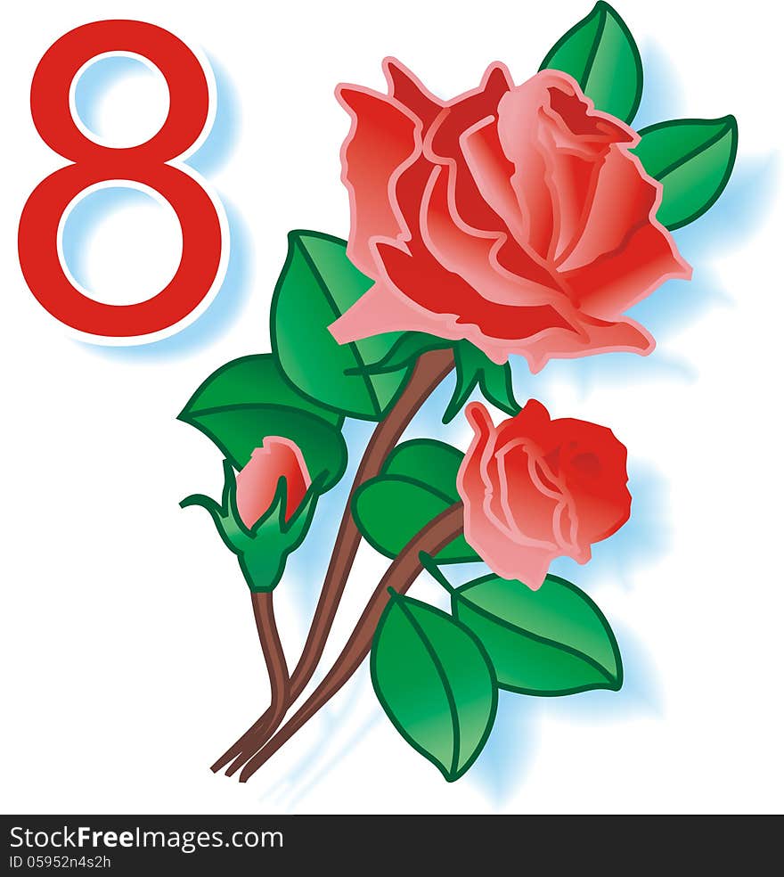 8 March day ilustrstion iv vector format. International Womens Day. 8 in March. Number 8, a bouquet of three red roses on a white background.