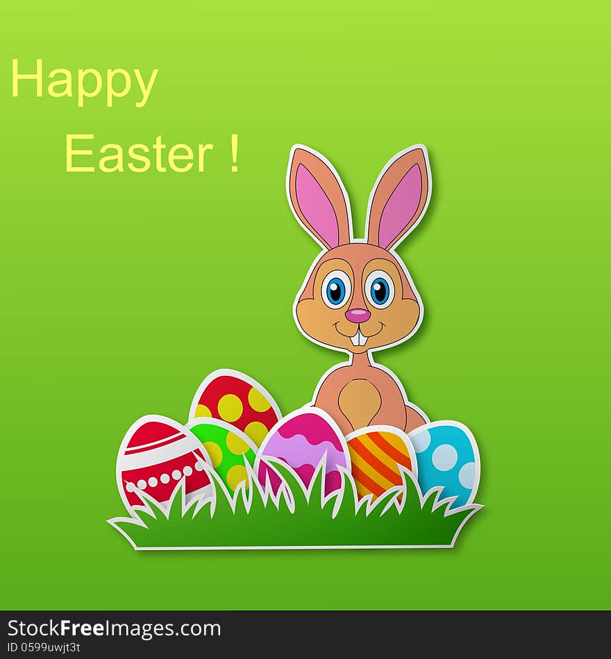 Illustration of paper card with rabbit and Easter eggs