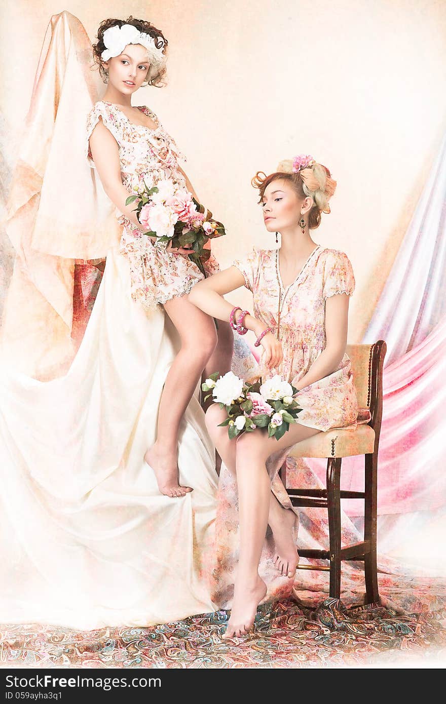 Sophistication. Old-Fashioned Concept. Two Pin Up Girls in Retro Dresses. Luxury