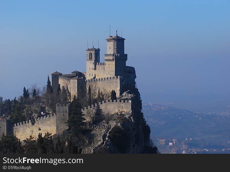 View from the Cesta tower to the Guaita fortress in San Marino. The Guaita fortress is the oldest of the three towers constructed on Monte Titano, and the most famous.