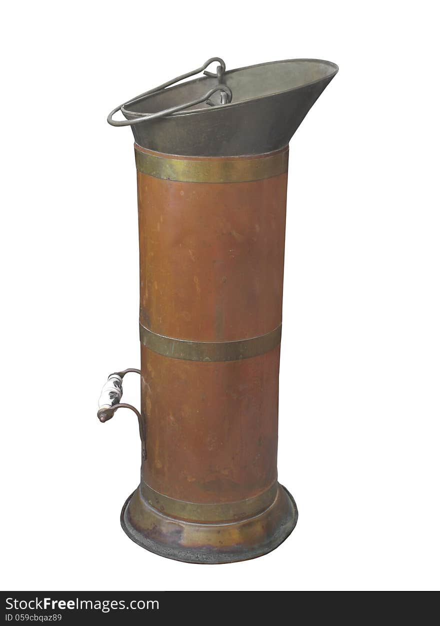 Tall antique copper and tin bucket to hold fireplace ashes, with handles. Isolated on white. Tall antique copper and tin bucket to hold fireplace ashes, with handles. Isolated on white.