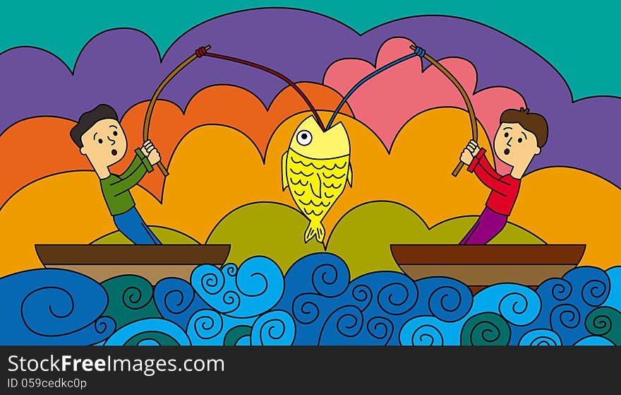 A funny illustration of two fishermen fighting over a single fish. A funny illustration of two fishermen fighting over a single fish