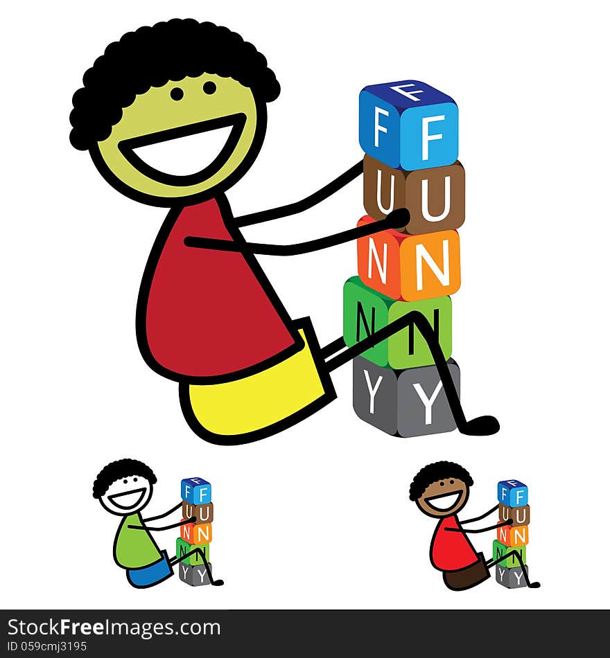 Illustration - Cute Boy&x28;kid&x29; Building Words Using Colorful Block