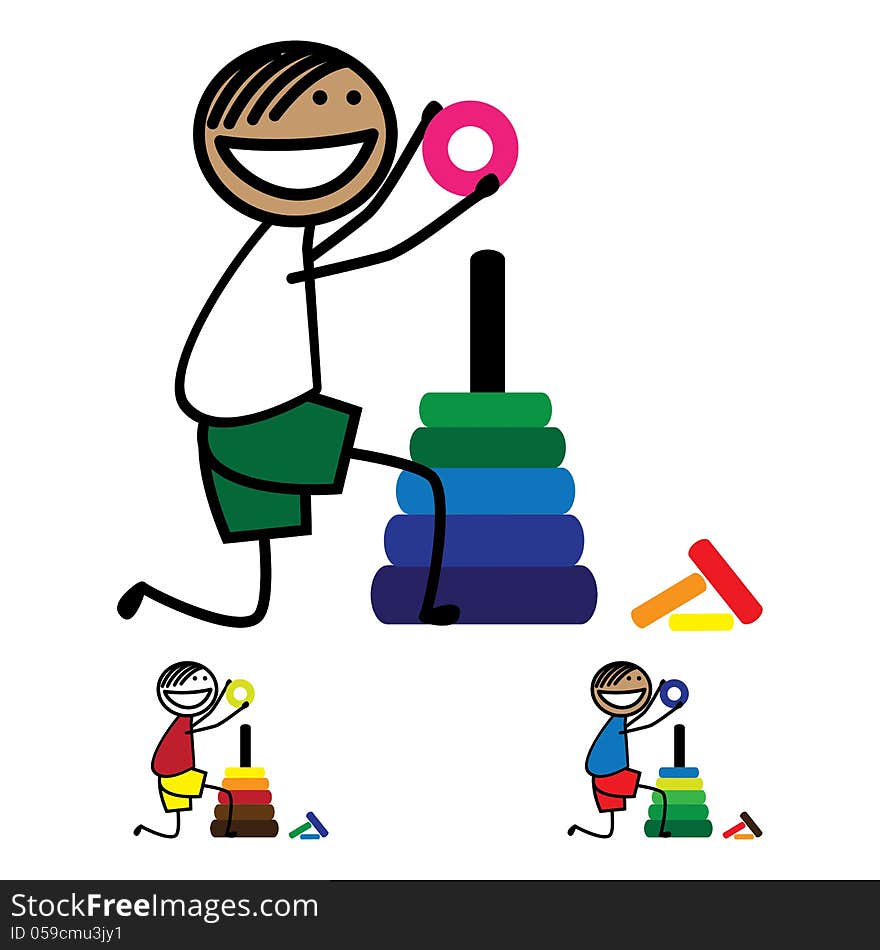 Illustration of cute boy(kid) holding a ring of round color tower. The graphic shows smiling and happy child playing with colorful circles and having fun. Illustration of cute boy(kid) holding a ring of round color tower. The graphic shows smiling and happy child playing with colorful circles and having fun