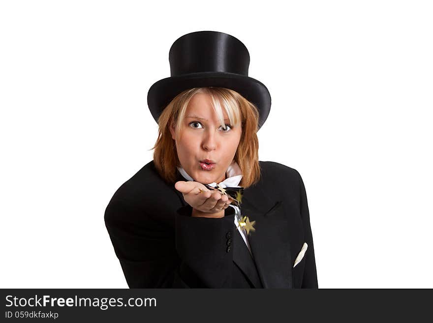 Young woman with tailcoat and stovepipe hat - isolated. Young woman with tailcoat and stovepipe hat - isolated