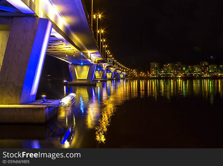 Night bridge in Jyväskylä city. Jyväskylä is a city and municipality in Central Finland in the western part of the Finnish Lakeland. Night bridge in Jyväskylä city. Jyväskylä is a city and municipality in Central Finland in the western part of the Finnish Lakeland.