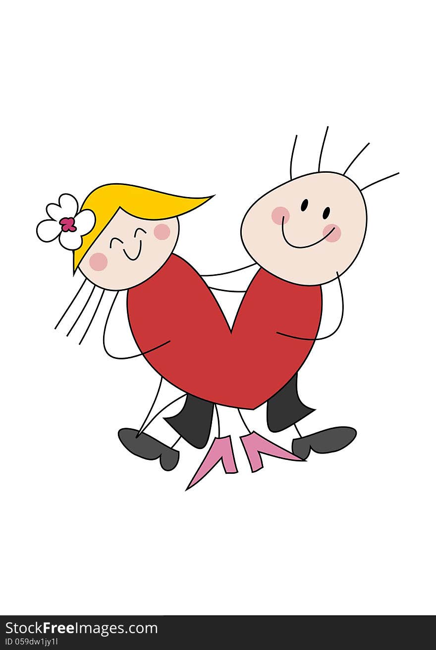 Colorful cartoon (doodle) illustration of a happy couple holding a heart. Colorful cartoon (doodle) illustration of a happy couple holding a heart