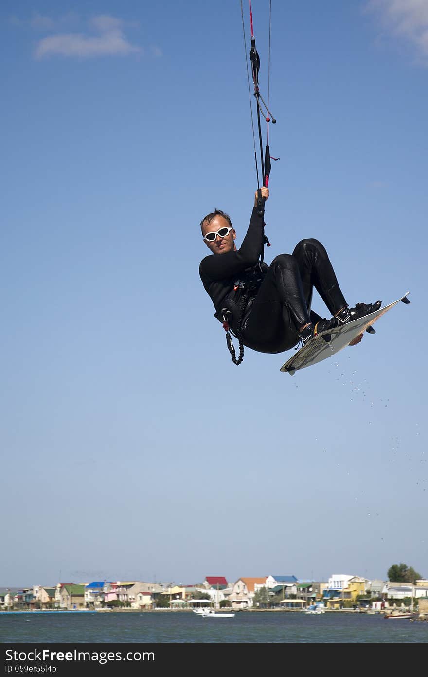 Kitesurfer in the air in the Lake Donuzlav