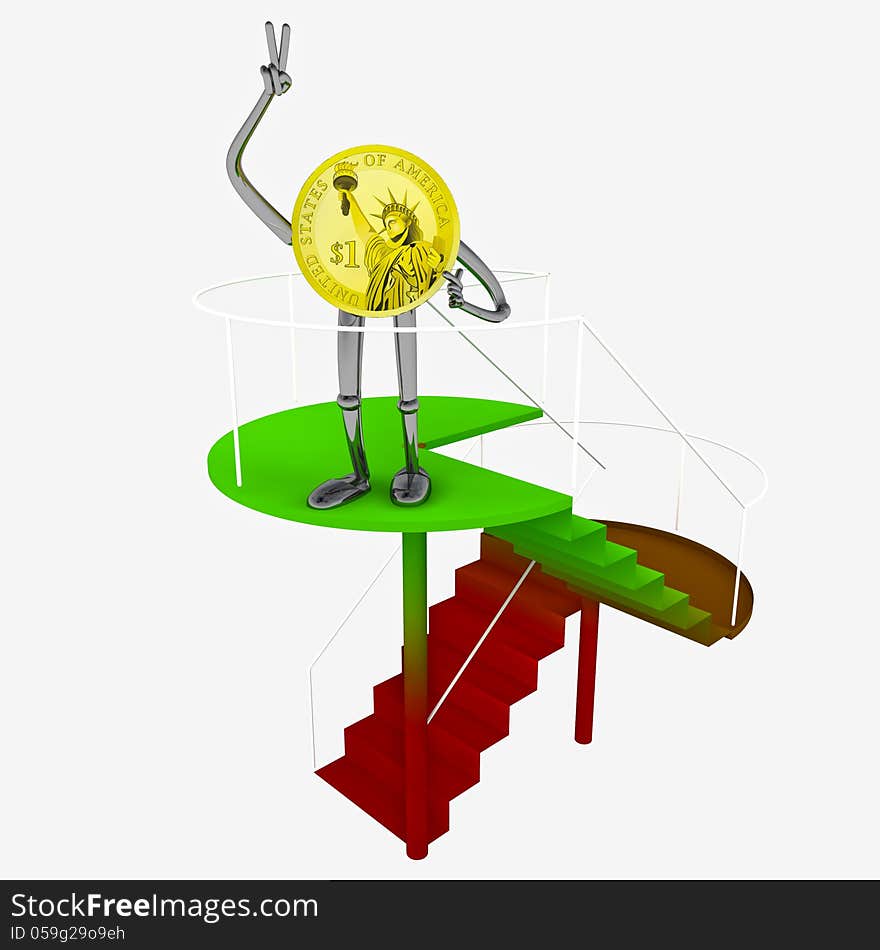 Dollar coin robot victor standing at the top of red green staircase rendering illustration. Dollar coin robot victor standing at the top of red green staircase rendering illustration