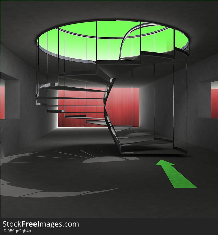 Spiral staircase with arrow direction upstairs from hell illustration