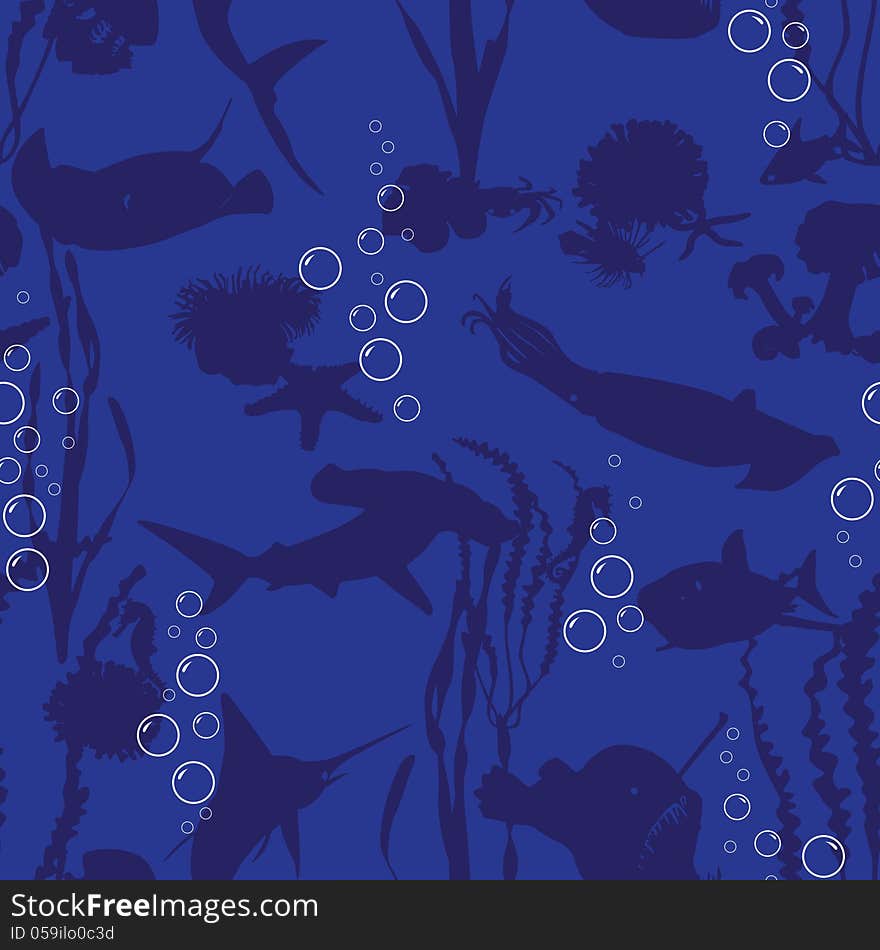 Seamless dark blue background with silhouettes of the underwater world. Seamless dark blue background with silhouettes of the underwater world