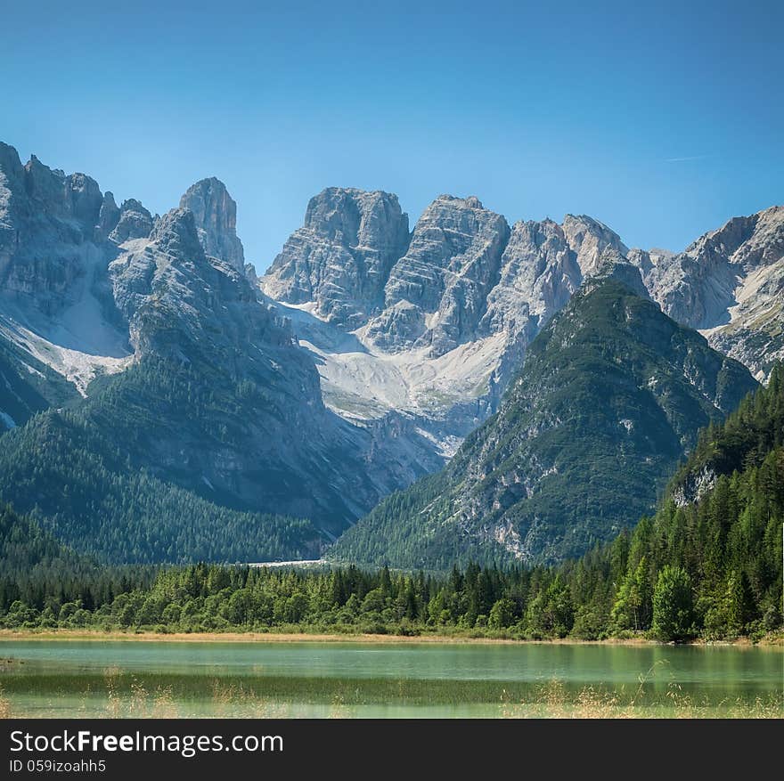 Tranquil summer Italian dolomites mountain lake