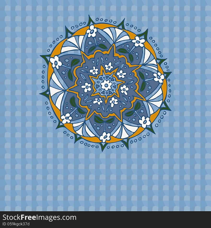 Blue textured paper with round ethnic decoration. Blue textured paper with round ethnic decoration