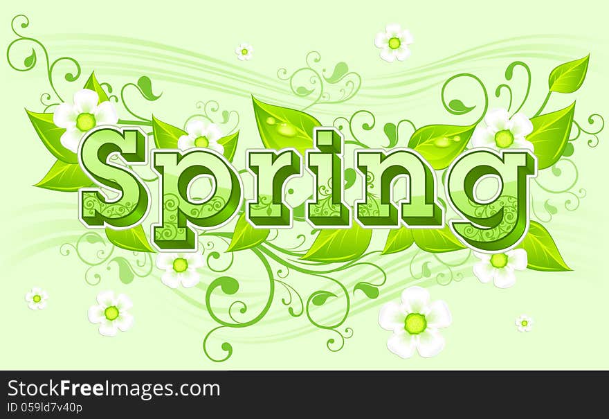 Spring backgrounds with white flowers on green and letters, vector illustration