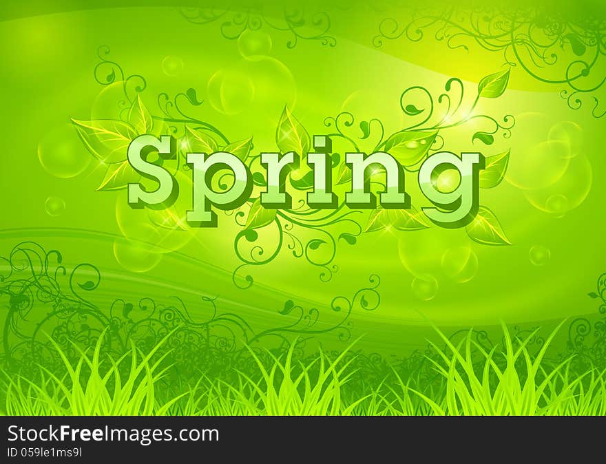 Spring backgrounds with leaves and bubbles on green and letters, vector illustration. Spring backgrounds with leaves and bubbles on green and letters, vector illustration