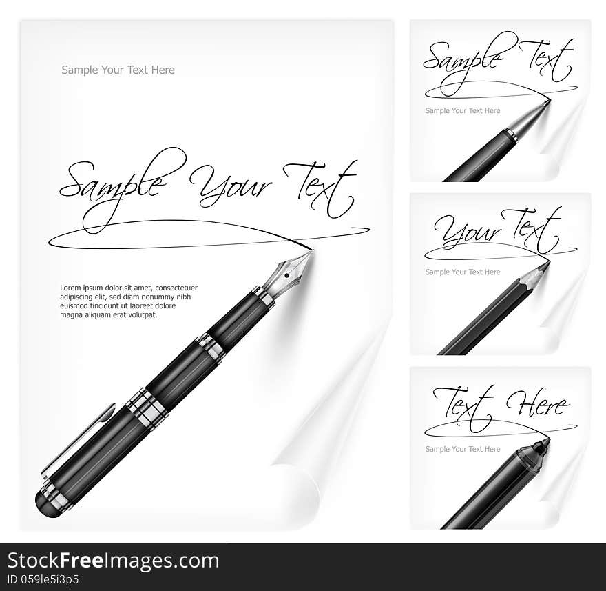 Black writing tools and white paper sheet with signs & text, vector illustration. Black writing tools and white paper sheet with signs & text, vector illustration