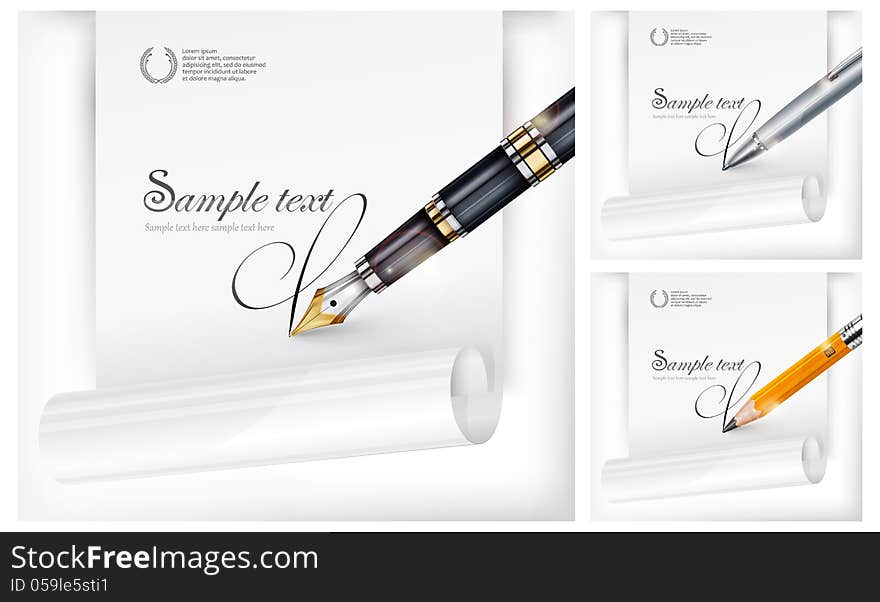 Black fountain pen and white paper sheet with text, vector illustration. Black fountain pen and white paper sheet with text, vector illustration