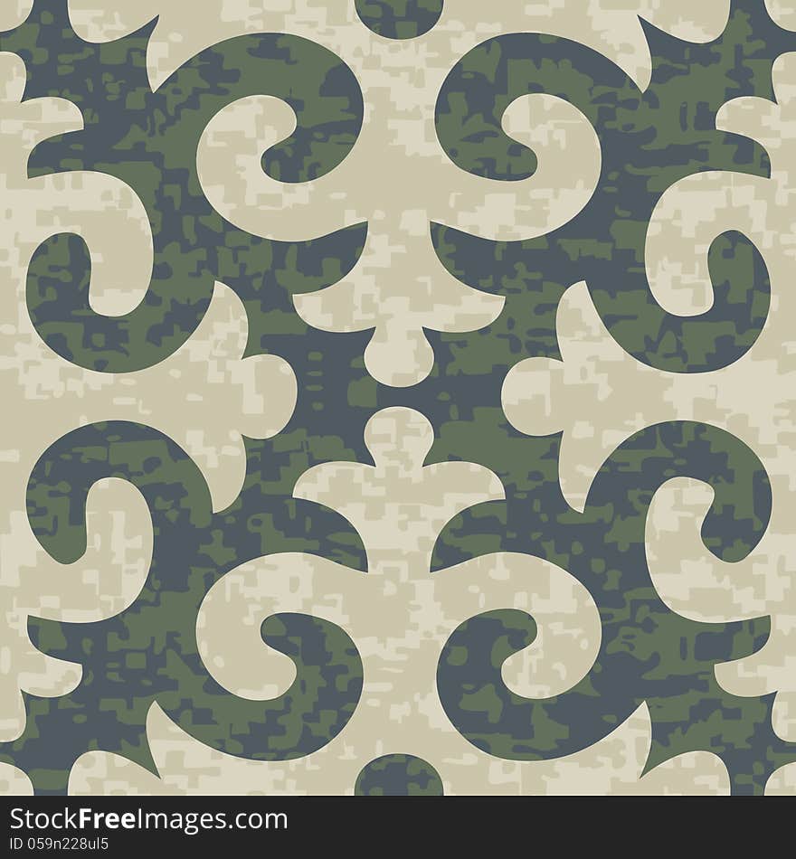 Seamless Shyrdak Fleur de Lis Background Pattern in Seafoam greay and Deep Lichen Green Colors