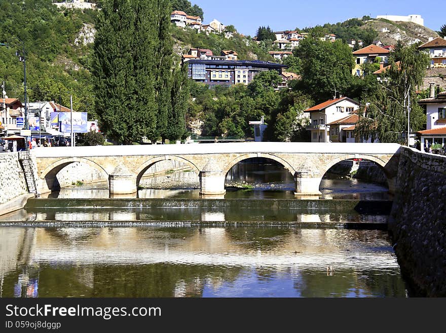 Bridge on Miljacka river in Sarajevo the capital city of Bosnia and Herzegovina