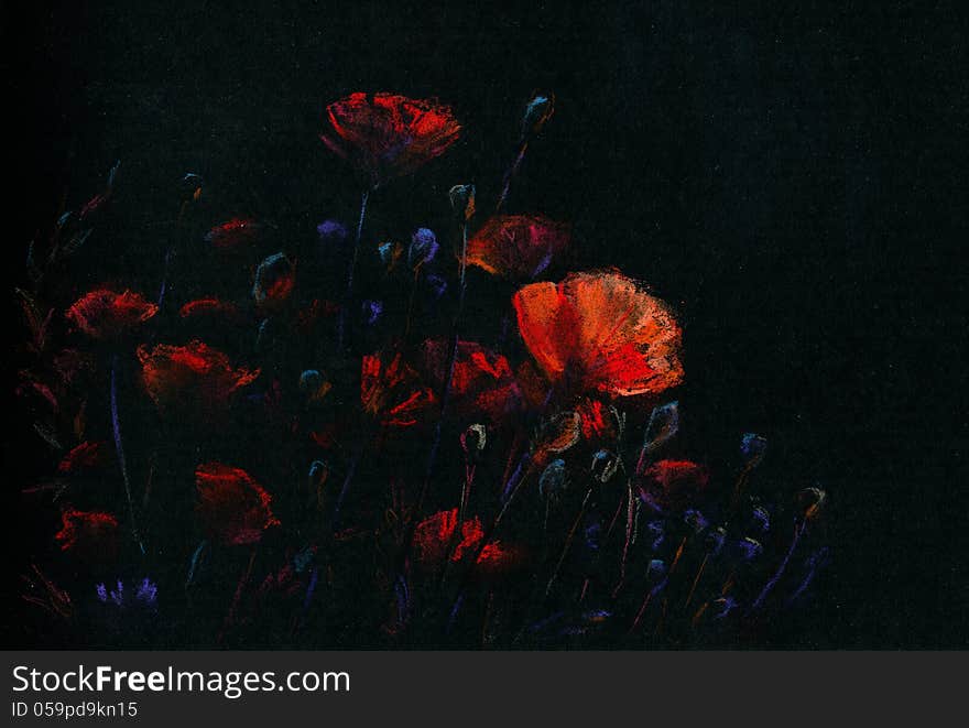 Red poppies lighted against the dark background. Color pastels on black textured paper. Red poppies lighted against the dark background. Color pastels on black textured paper.