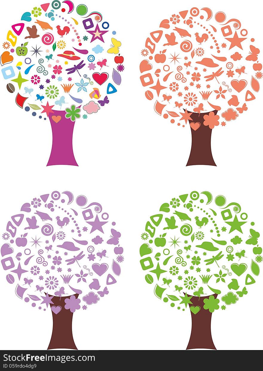 Set of abstract trees in seasonal colors and treetop made of different objects, flowers and animals in ellipse. Set of abstract trees in seasonal colors and treetop made of different objects, flowers and animals in ellipse