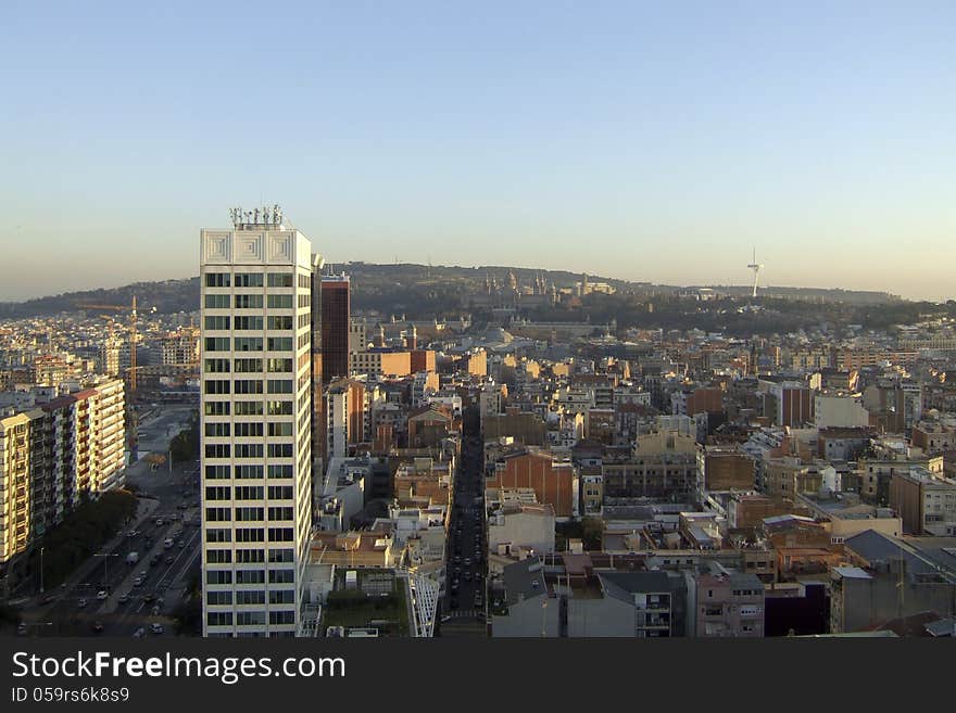 View on Barcelona at sunset