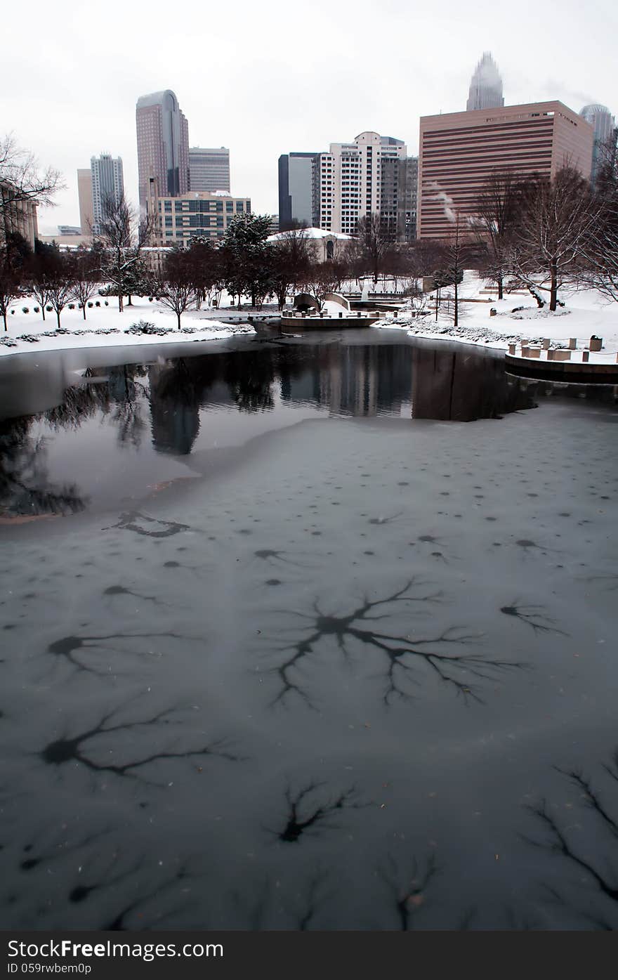 Charlotte skyline in snow