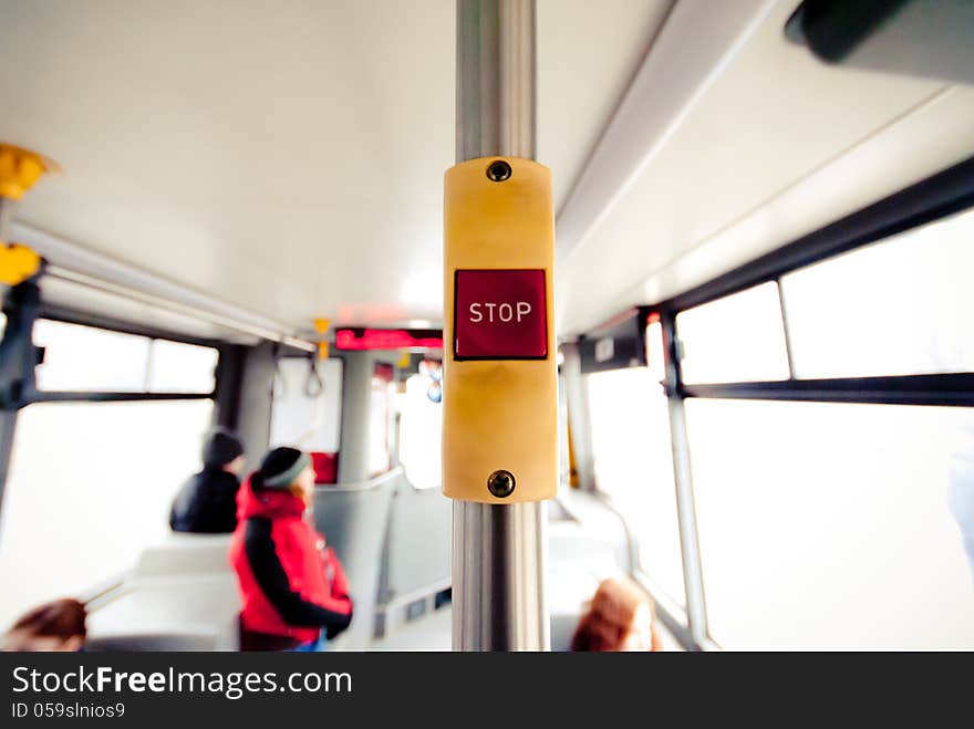 Red button for signalling bus stop in bus. Red button for signalling bus stop in bus