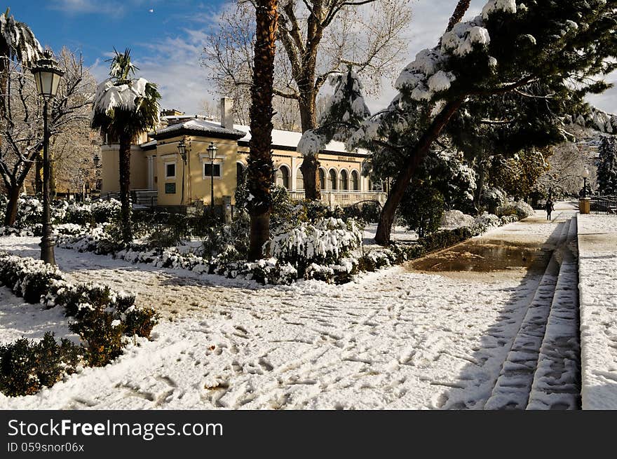 Snow Storm With Slush On Sidewalks. Granada