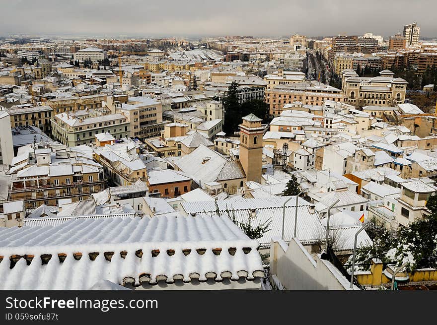 Snow Storm With Slush On Sidewalks. Granada