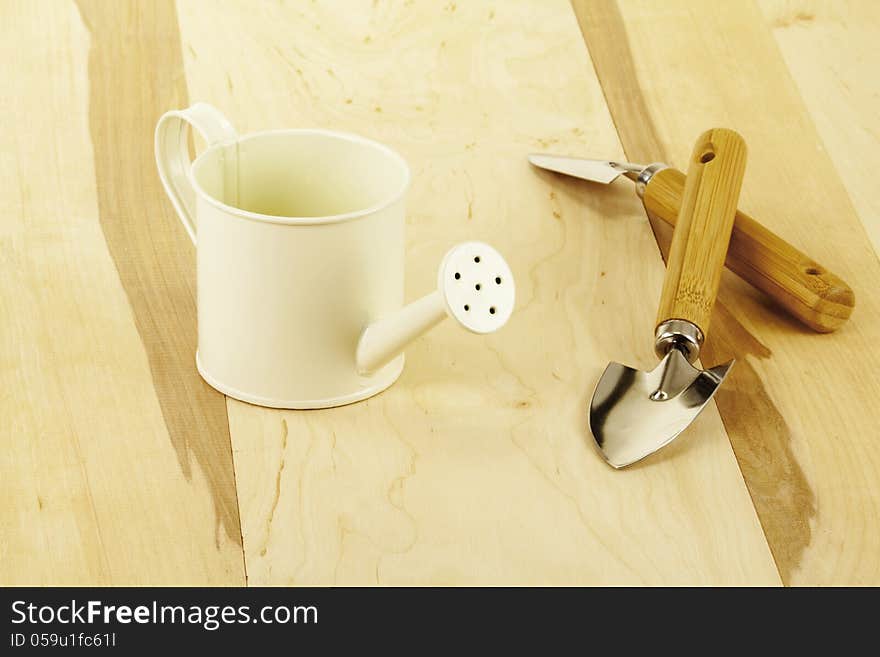 Watering can and two small scapula for care for houseplants