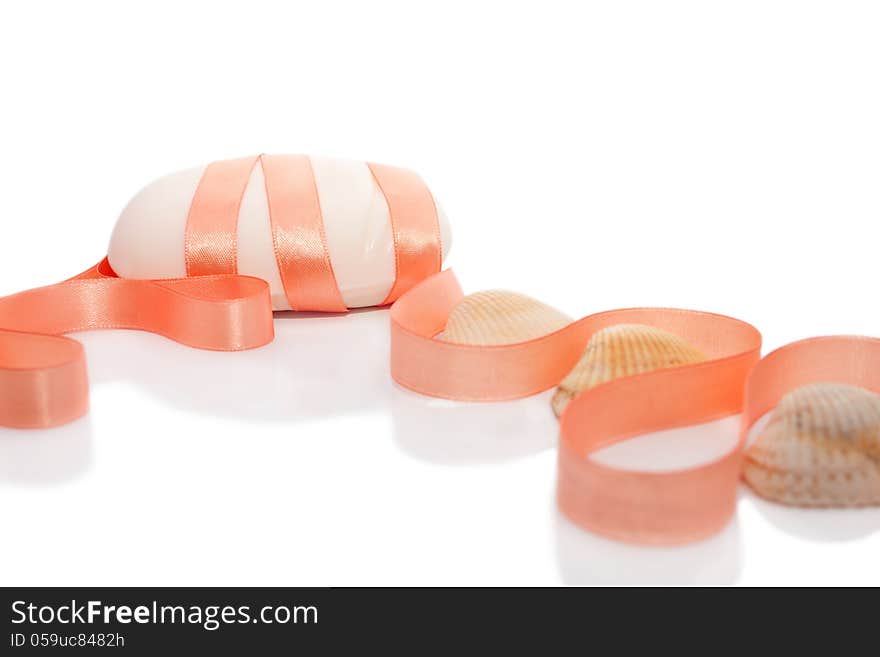 The Bar Of Soap Decorated With The Ribbon And Sea Shells