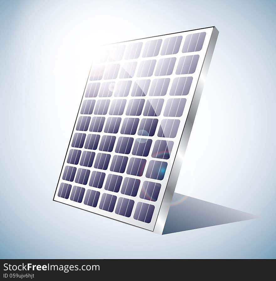 Solar panel on blue background and shining sun