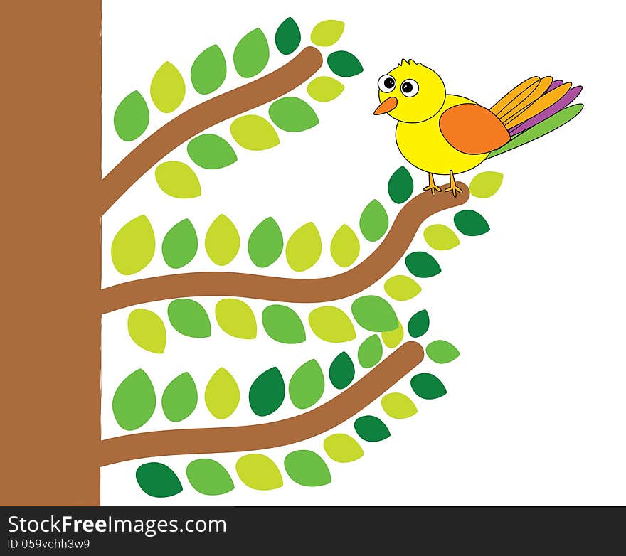 A bird on the green tree, illustration. A bird on the green tree, illustration