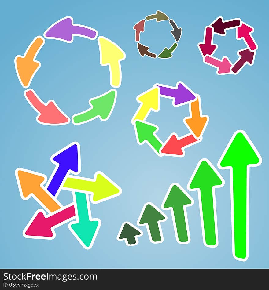 Set of cartoon colorful arrows, grouped in different shapes. Set of cartoon colorful arrows, grouped in different shapes