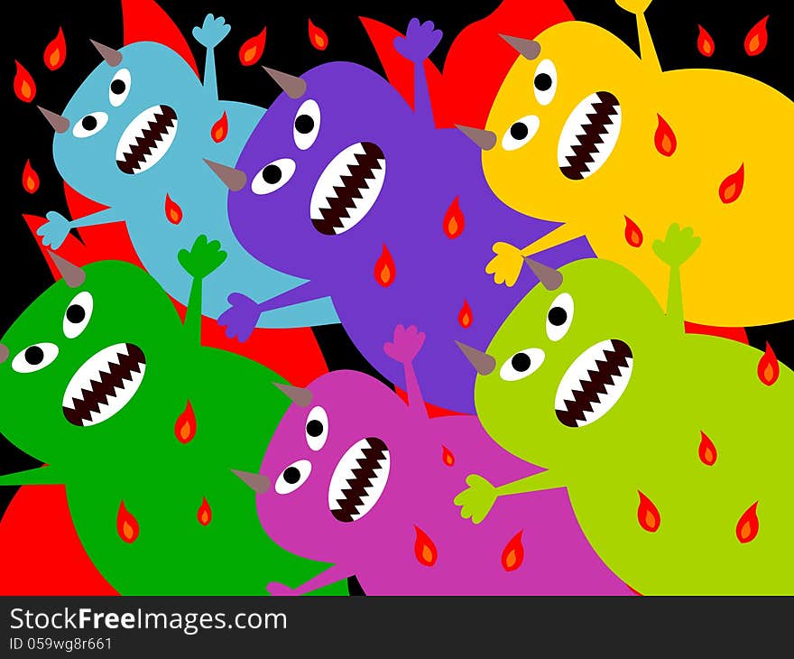 Illustration of a group of cute and scary ghost monsters from hell. Illustration of a group of cute and scary ghost monsters from hell