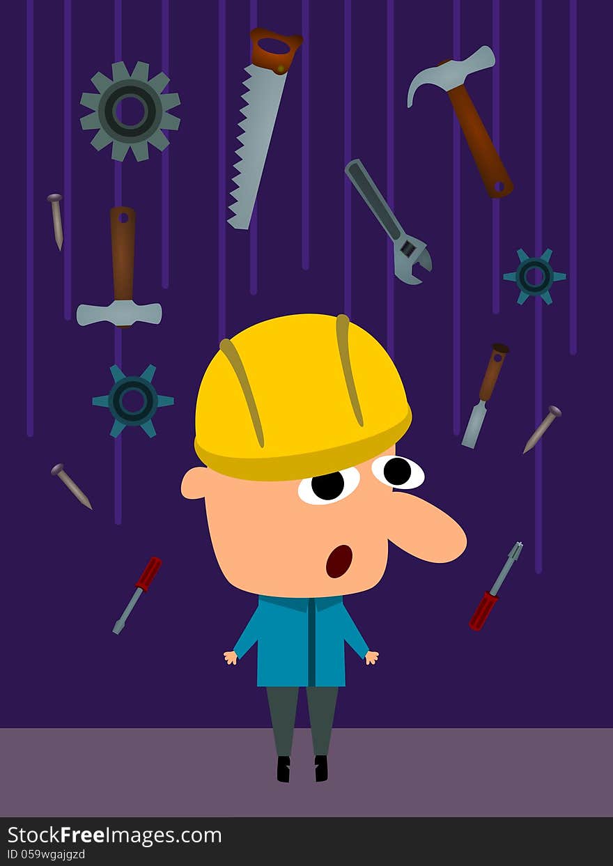 A construction worker wearing a hardhat while construction tools are falling down. A construction worker wearing a hardhat while construction tools are falling down